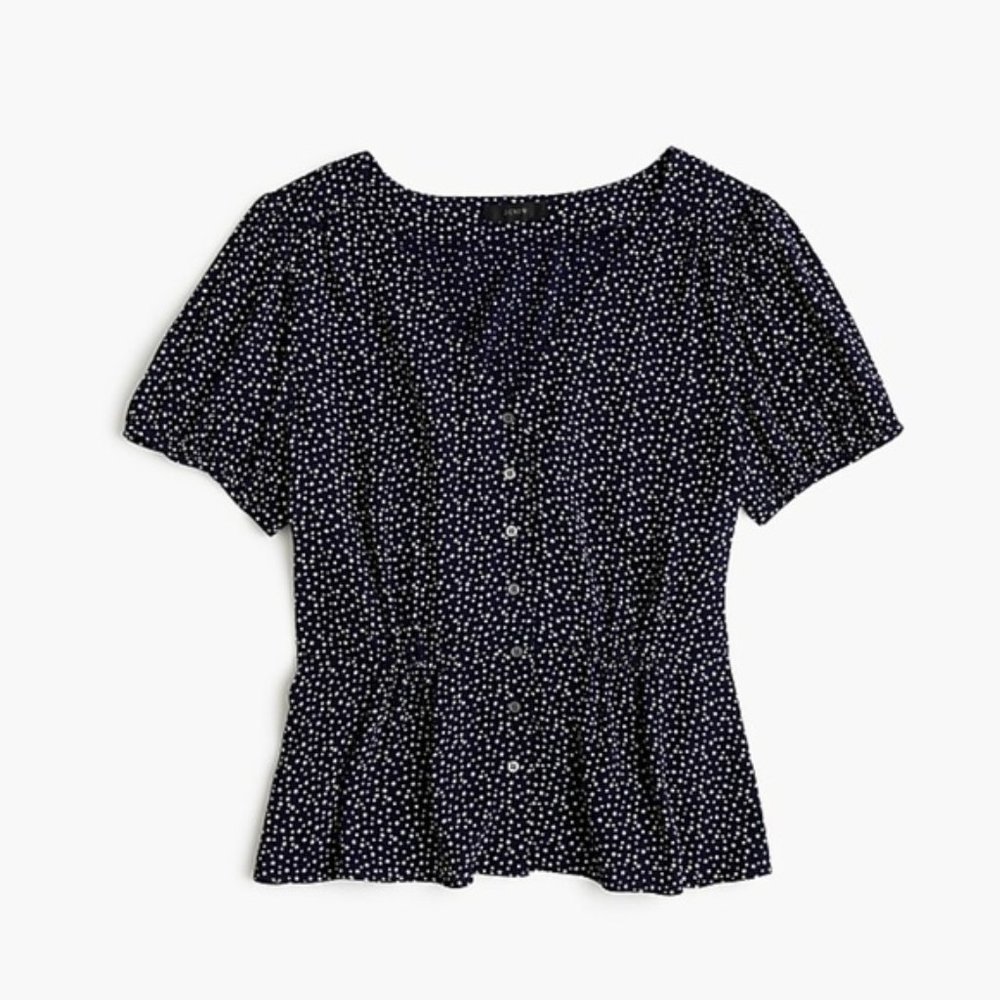 J Crew Button Up Blouse Navy Blue Peplum Star Print Short Sleeve Top